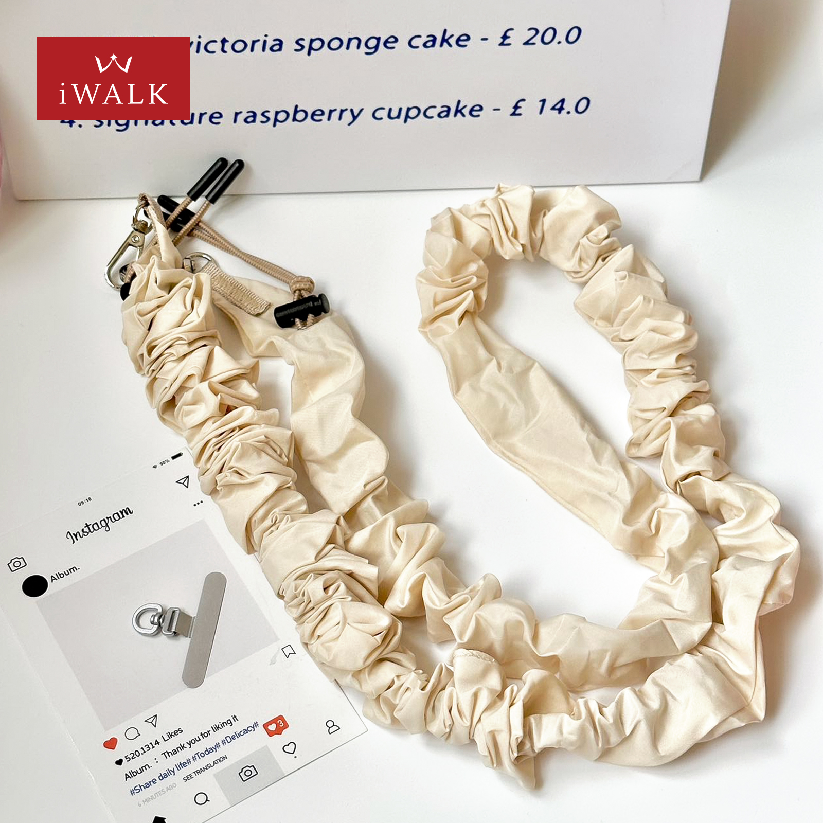 iWALK高级感甜美奶杏仁花朵褶皱丝绸斜跨长绳手机背带ins韩风气质纯色户外多功能双扣便携弹力挂绳防丢挂链