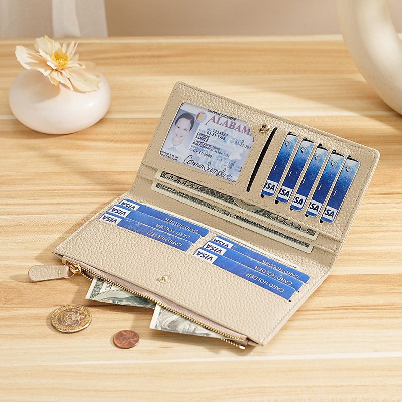 FRID长款钱包女士外贸款手拿包荔枝纹真皮大容量多卡位拉链零钱包