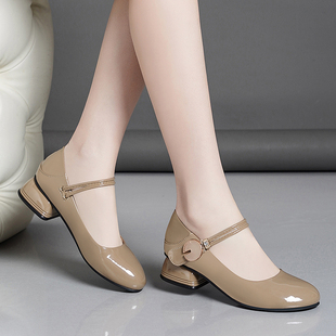 百搭皮鞋 百丽纯爱新款 浅口优雅单鞋 真皮粗跟软皮玛丽珍鞋 春秋女鞋