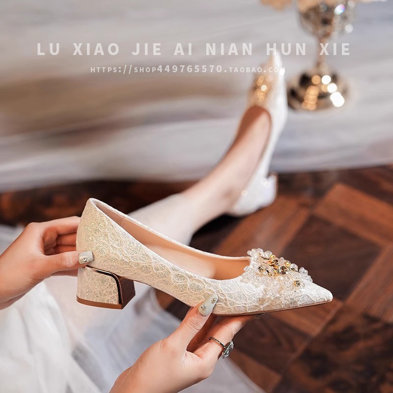 法式粗跟婚鞋女2025新款秀禾主婚纱两穿孕妇不累脚新娘水晶高跟鞋