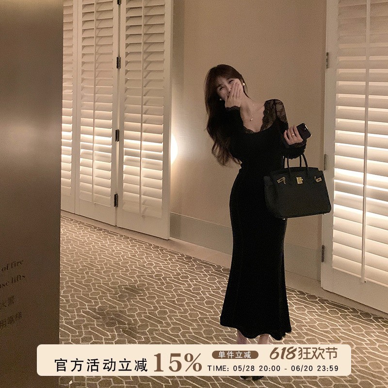 愉悦愉悦黑色蕾丝长袖内搭鱼尾连衣裙女冬季性感气质修身包臀长裙