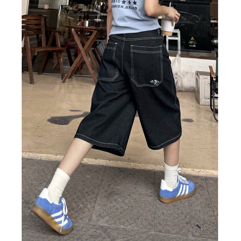 大码美式复古牛仔七分裤女2025夏季新款宽松高腰显瘦休闲阔腿中裤