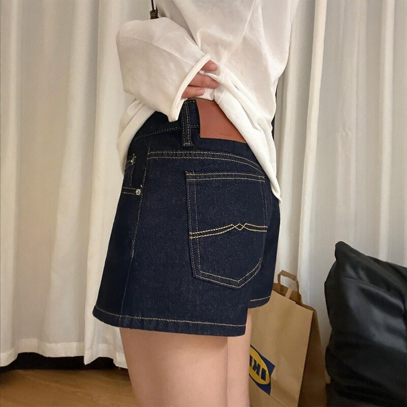深蓝色牛仔短裤女夏季新款胖妹妹mm高腰显瘦a字热裤适合胯大腿粗