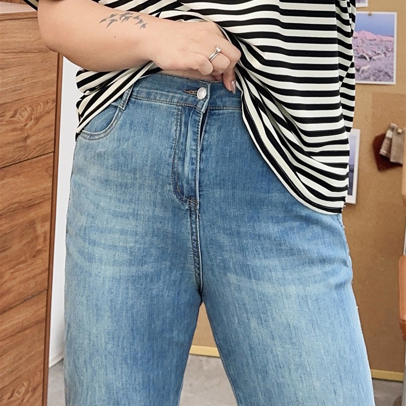 大码牛仔裤女夏季胖妹妹mm高腰显瘦直筒九分裤子显瘦穿搭微胖女生