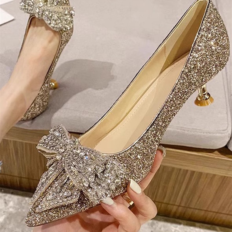 订婚新娘鞋女2025新款水钻金色亮片禾秀主婚纱两穿法式水晶高跟鞋