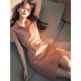 桔梗法式高端精致超好看高级感气质绝美收腰粉色衬衫连衣裙子女夏