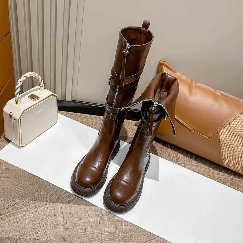 ~棕色骑士靴女厚底长靴软皮长筒机车靴子秋冬高筒皮靴休闲百搭