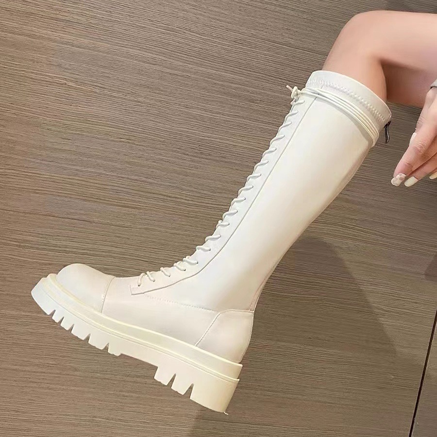 加绒新款米白色长筒靴女厚底高筒骑士靴秋冬小个子不过膝显瘦女靴