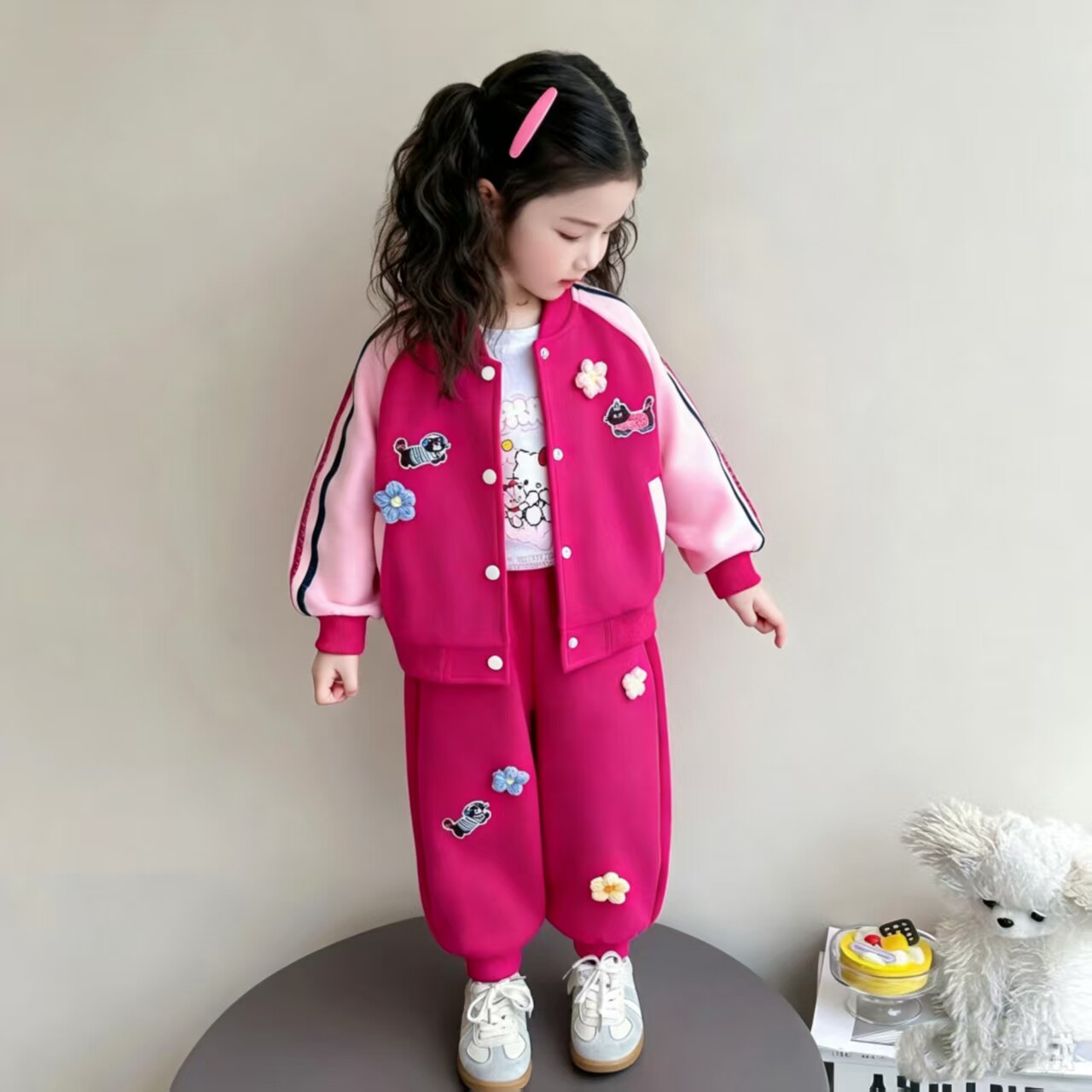 女童春秋运动套装儿童卡通外套裤子两件套女宝宝红色网红休闲衣服