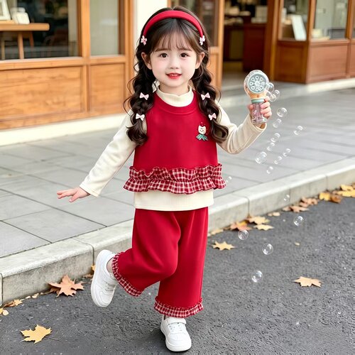 女童春秋新款套装儿童红色马甲内搭裤子三件套女宝宝网红洋气衣服