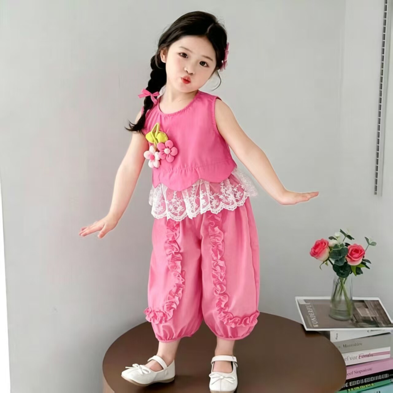 2026新款女童新款夏季韩系蕾丝两件套女宝宝夏装小女孩花朵套装