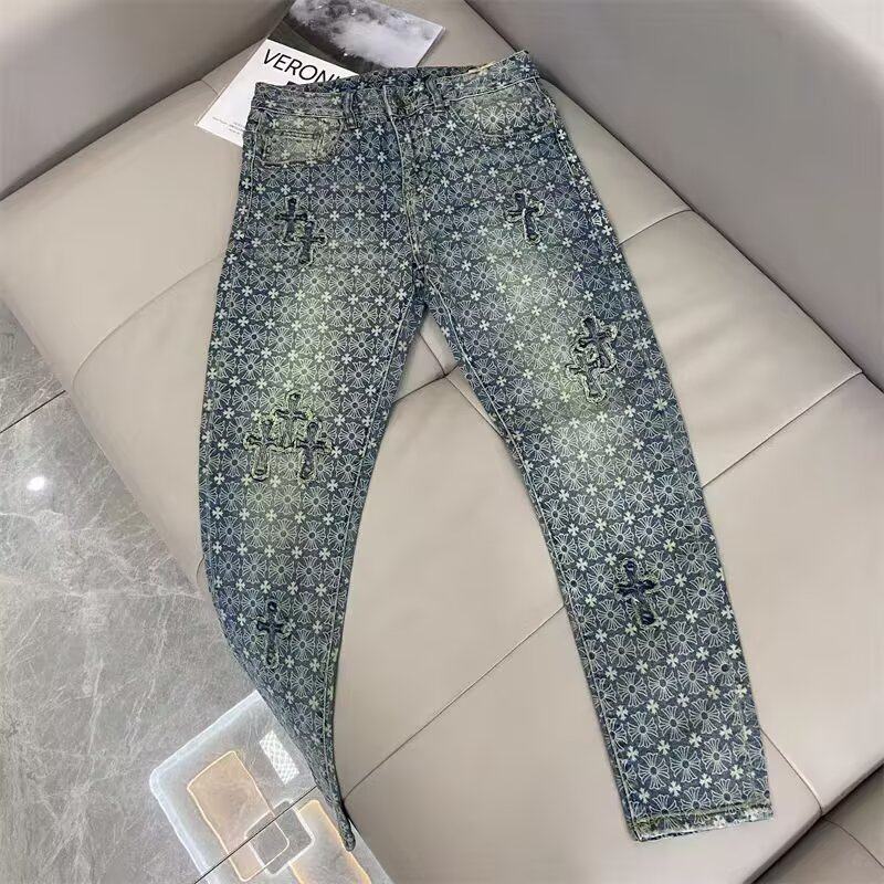 潮牌提花满印设计感牛仔裤男快手网红老二同款高街痞帅欧货阔腿裤