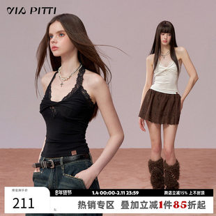 VIAPITTI设计感蕾丝拼接内搭打底挂脖背心女装秋冬莱赛尔吊带上衣