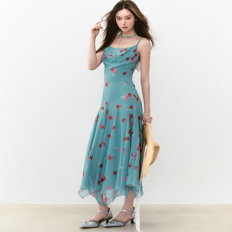 VIA PITTI 官方授权 设计感荡领飘逸花朵长裙2025夏季新款连衣裙