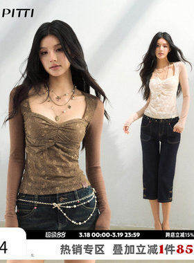 VIAPITTI设计感蕾丝网纱拼接修身长袖T恤女装春修身u领薄款上衣