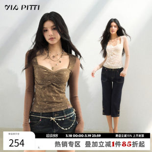 VIAPITTI设计感蕾丝网纱拼接修身长袖T恤女装春修身u领薄款上衣