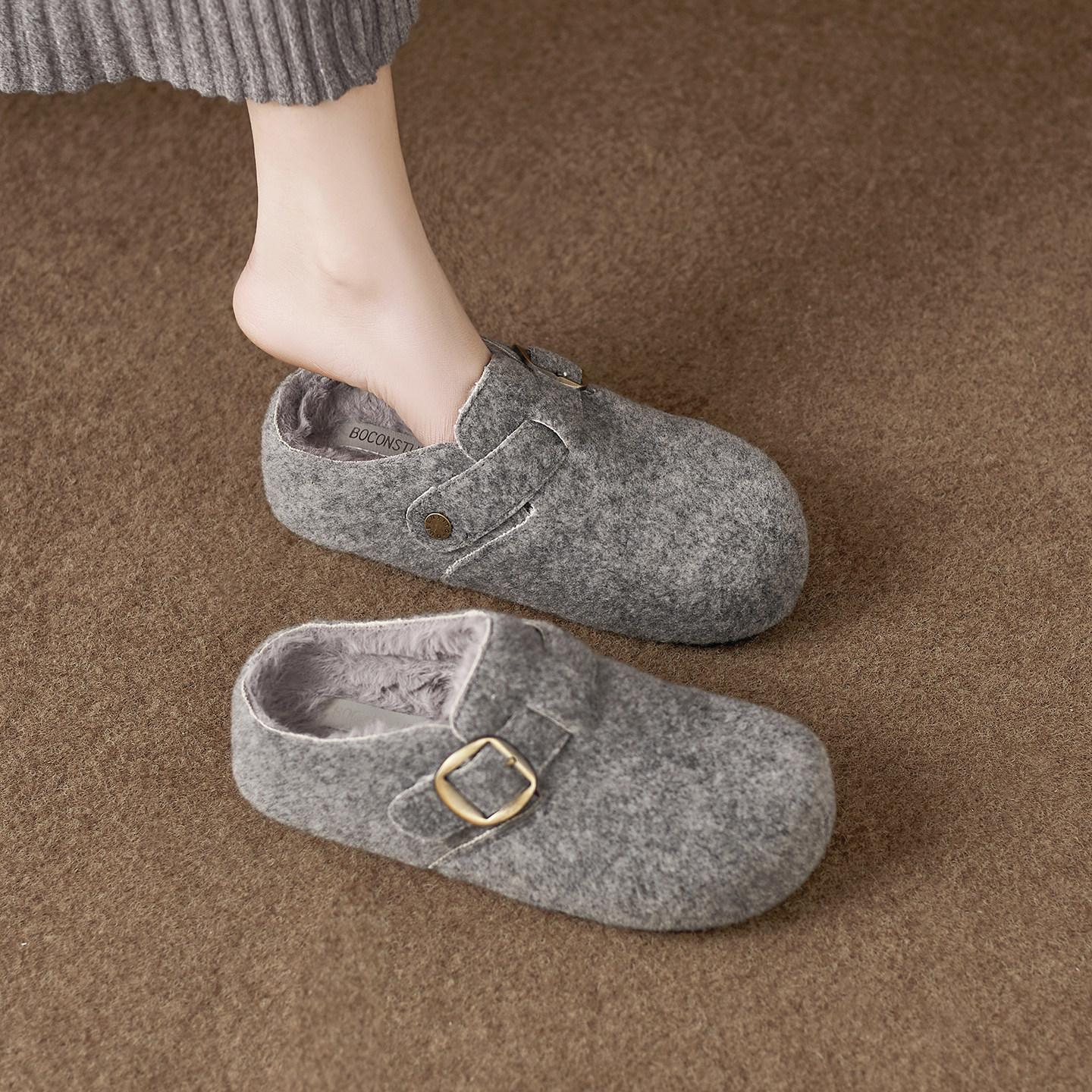 增高5cm~厚底半拖加绒勃肯鞋女秋冬外穿百搭懒人包头毛毛博肯鞋,女鞋,勃肯鞋/软木鞋,淘宝优惠券,粉丝福利购,淘宝优惠卷