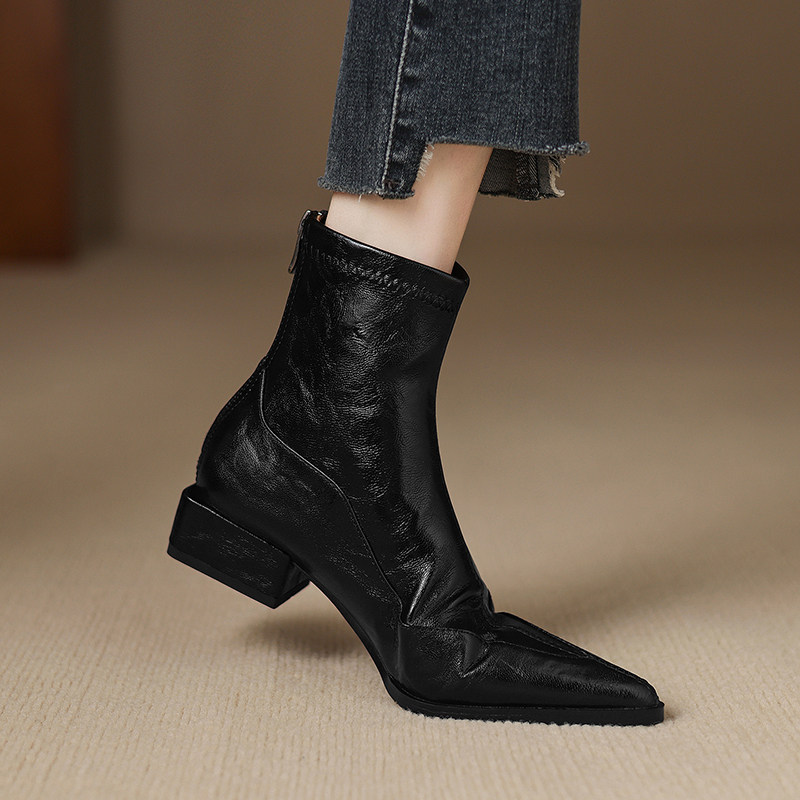 真皮版~法式尖头低跟短靴女2025秋季新款粗跟气质百搭弹力瘦瘦靴,女鞋,时装靴,淘宝优惠券,粉丝福利购,淘宝优惠卷