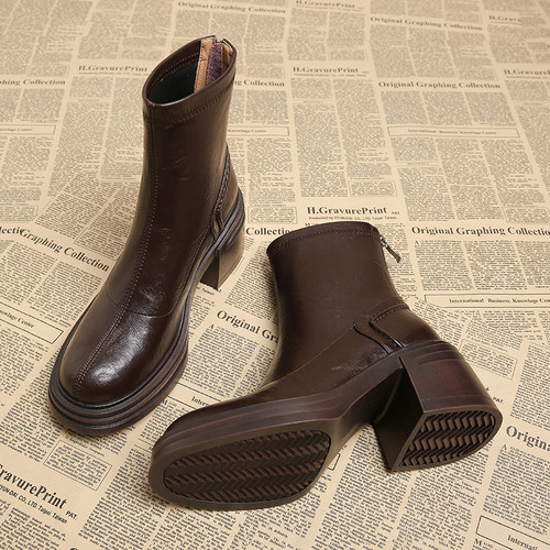 真皮粗跟马丁靴女2025秋冬新款