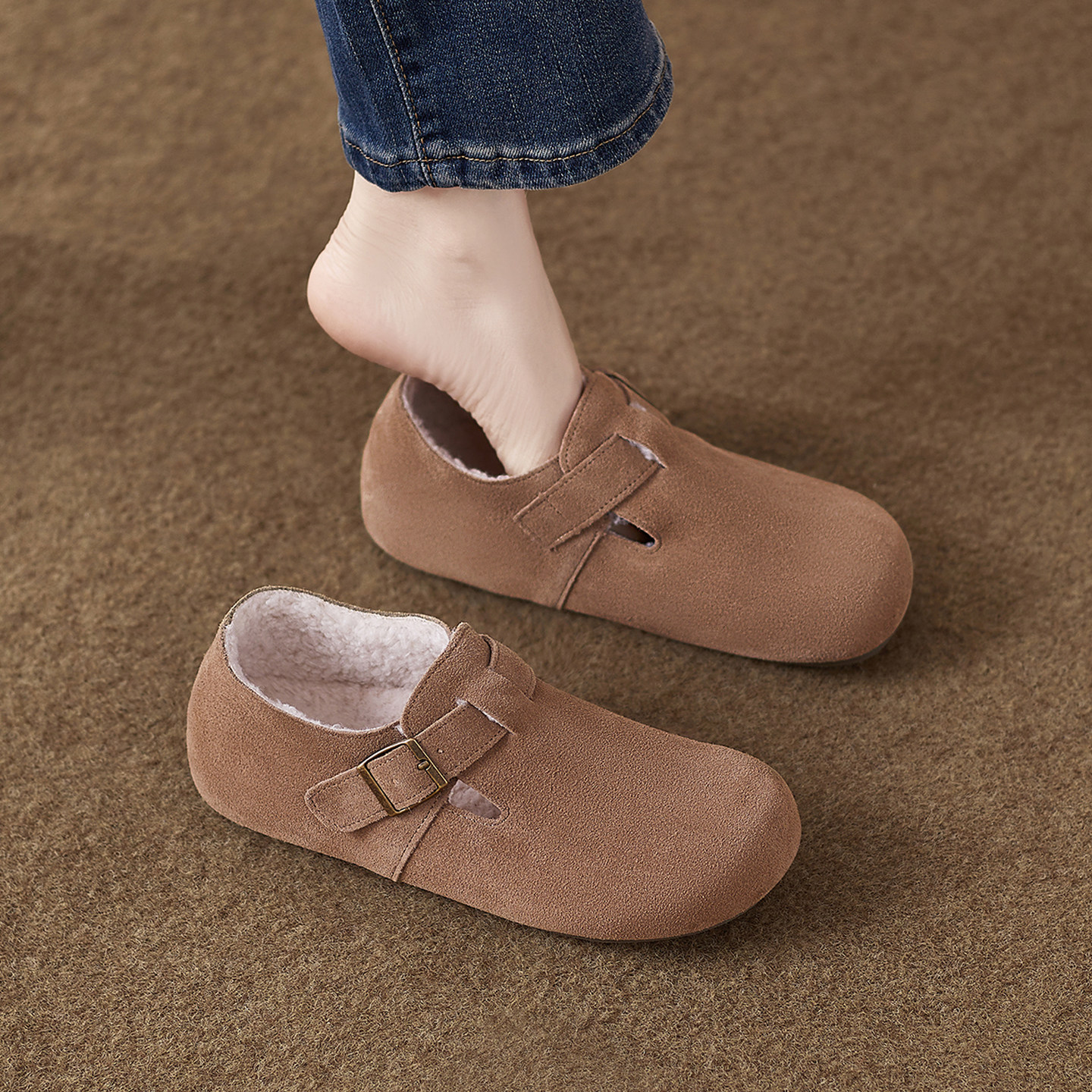 羊皮版~2025秋冬季新款内增高纯色全包勃肯鞋女搭扣圆头休闲单鞋,女鞋,勃肯鞋/软木鞋,淘宝优惠券,粉丝福利购,淘宝优惠卷