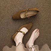 一字带棕色玛丽珍鞋 羊皮版 女2026春季 开春新款 法式 方头粗低跟单鞋