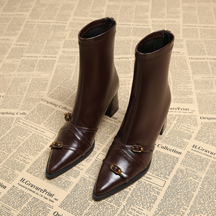 真皮短靴女2025秋冬新款尖头法式高级感爆款瘦瘦靴气质高跟马丁靴