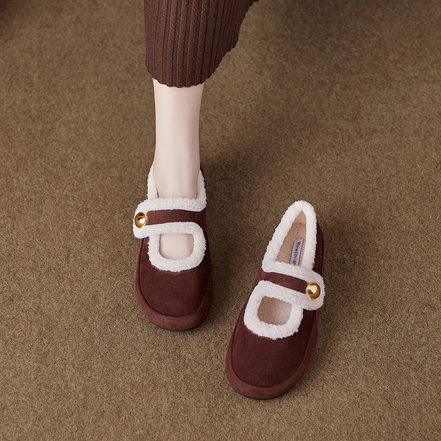 真皮厚底内增高毛绒乐福鞋女冬季加绒保暖玛丽珍魔术贴勃肯豆豆鞋,女鞋,乐福鞋（豆豆鞋）,淘宝优惠券,粉丝福利购,淘宝优惠卷