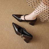 尖头粗跟单鞋 女2026年春季 新款 真皮法式 一字扣带玛丽珍绝美高跟鞋