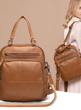 M$K多功能真皮双肩包女2025新款时尚百搭牛皮软皮女士背包休闲