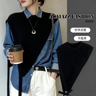 气质披肩时尚百搭斜肩披肩设计款披肩式套头针织马甲休闲黑色