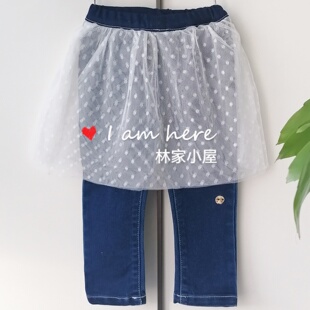 韩版Clan-c潮牌cc儿童装女童宝宝春秋款双层纱牛仔裤长裤