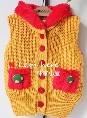 韩版clan-c潮牌cc儿童装女童宝宝春秋冬款黄色连帽针织背心马甲