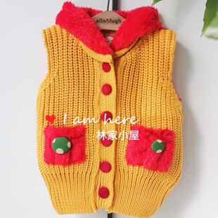 韩版clan-c潮牌cc儿童装女童宝宝春秋冬款黄色连帽针织背心马甲