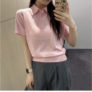 妖猪 上衣女 夏新品 轻薄舒s羊毛翻领落肩粉色Polo针织衫