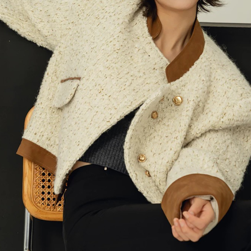 妖猪 拼接挽袖设计混色慵懒羊毛卷高JI廓形毛呢短外套女