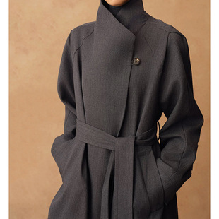 妖猪 新款露珠羊毛肌理两穿大气翻领系带长款风衣外套