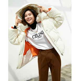 妖猪短款小个子羽绒服女秋冬加厚保暖90纯白鸭绒连帽时尚撞色宽松