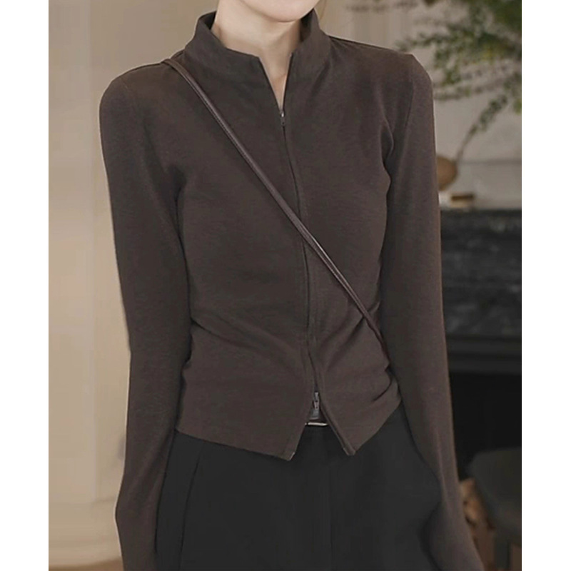 妖猪 咖啡色拉链卫衣开衫修身显瘦百搭气质长袖上衣  女