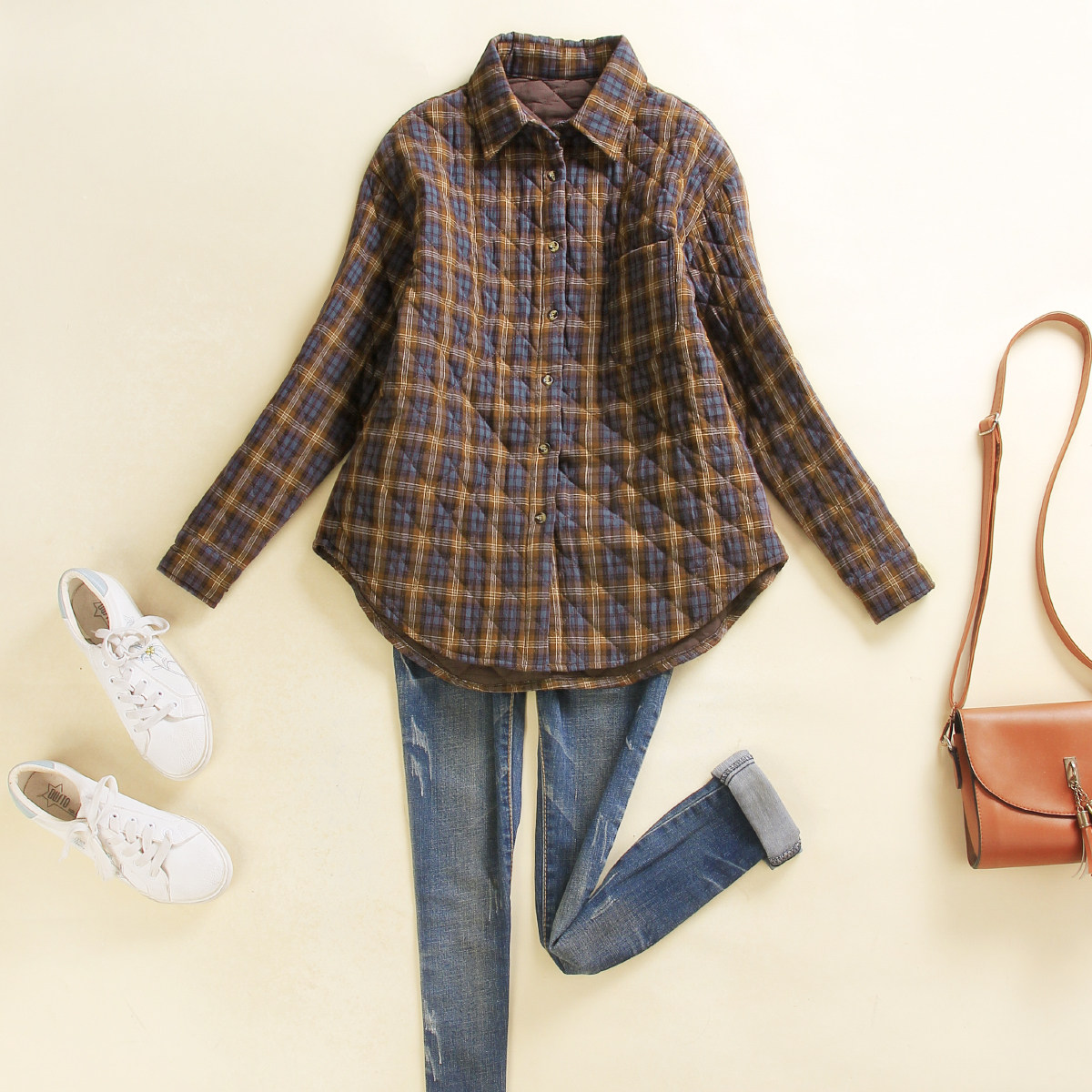 冬装夹棉保暖格子衬衫女中长款新款复古纯棉加棉加厚衬衣开衫外套