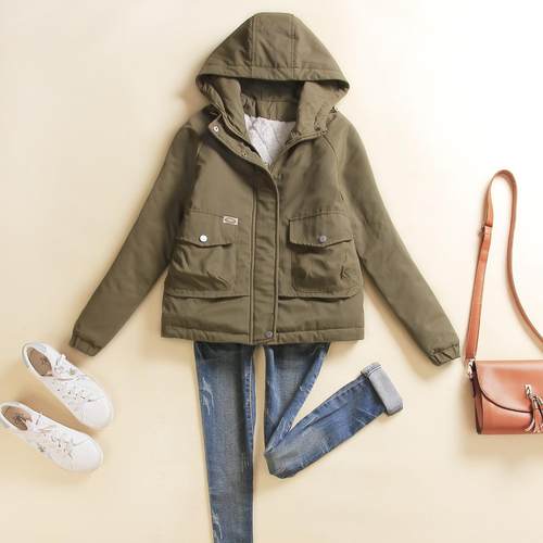 连帽加绒派克服小个子短款棉服