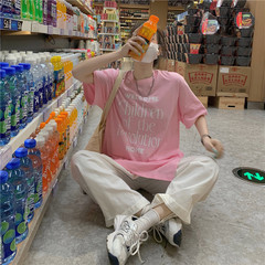 實拍實價  夏季新款休閒側開叉英文字母印花T恤