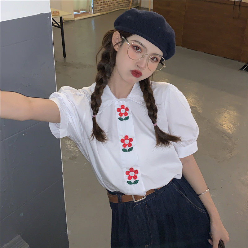 Real price new Vintage Embroidery floret design loose and thin polo collar short sleeve shirt
