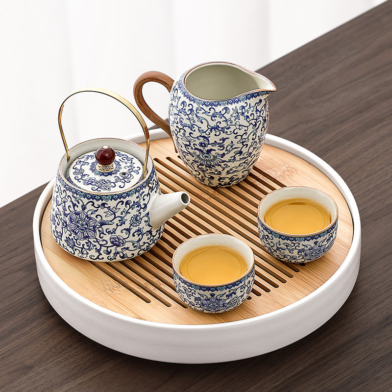 青花汝窑茶具套组女士一人饮泡茶壶一壶四杯桌面民宿喝茶器古风款