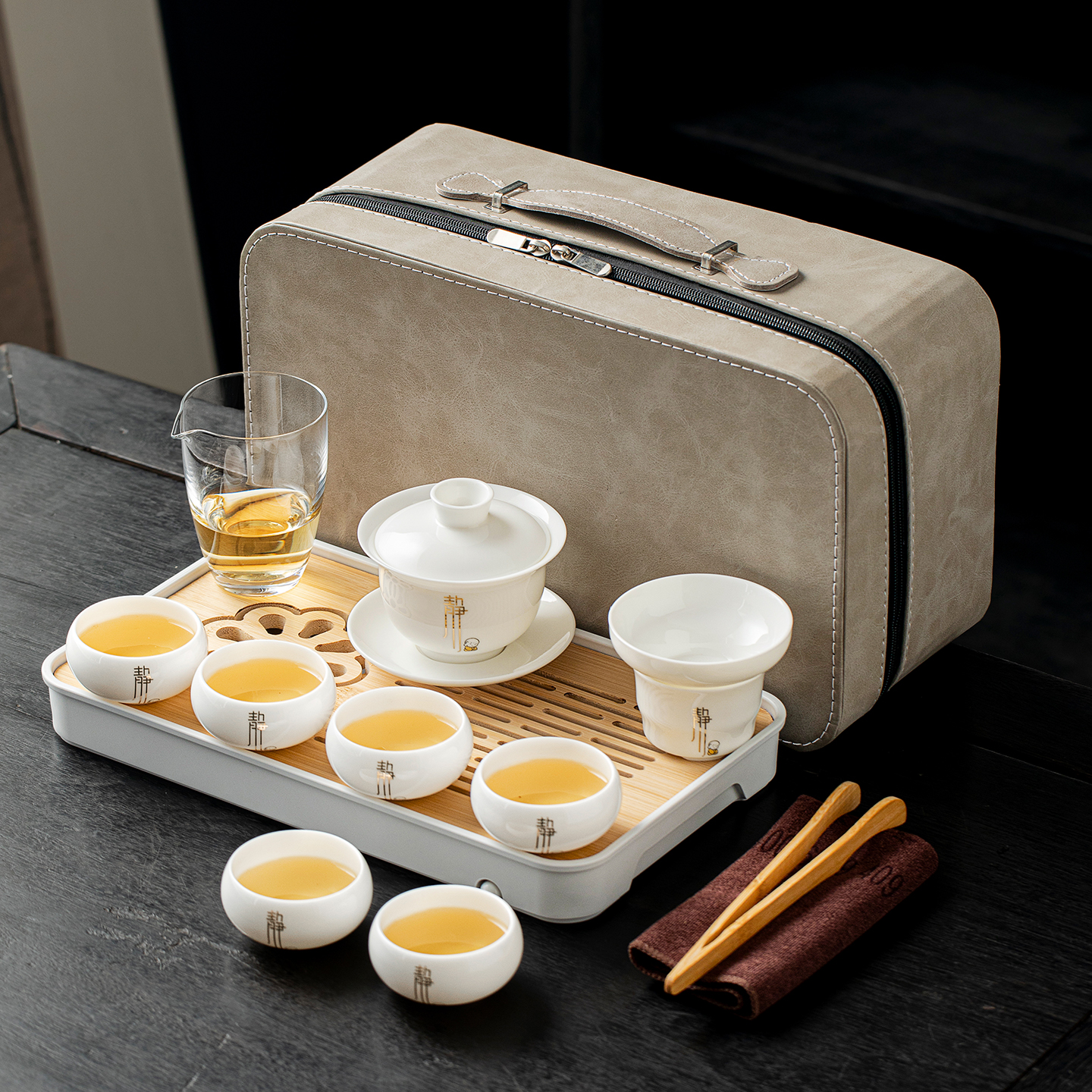 羊脂玉瓷旅行茶具套组户外露营泡茶专用盖碗茶杯车载可携式喝茶装