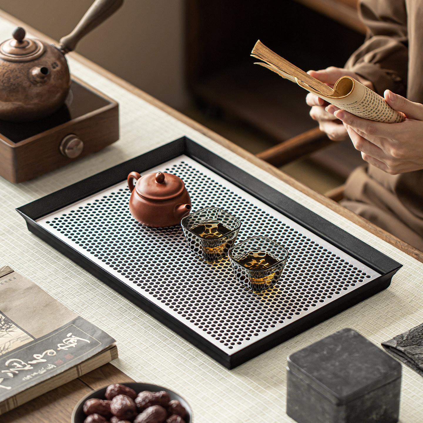 铁艺铝合金茶盘新中式简约茶海沥水盘办公室高档轻奢储水式干泡台