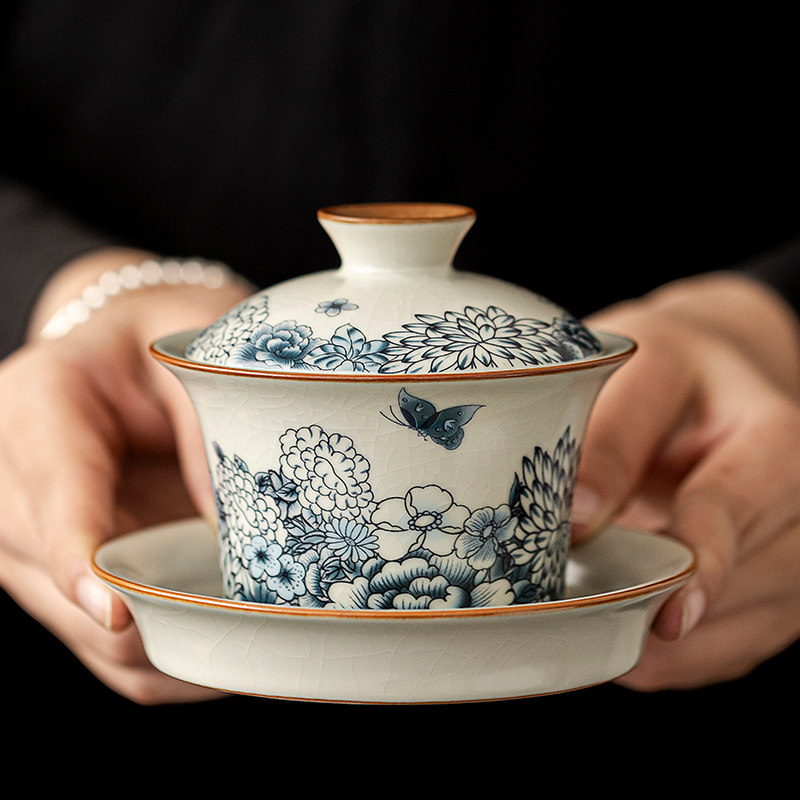 汝窑青花三才盖碗大号泡茶碗高档陶瓷茶碗茶杯带盖功夫茶具防烫手