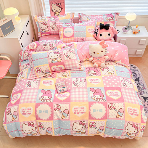 冬季卡通风凯蒂KT猫牛奶绒四件套法兰绒珊瑚绒hellokitty儿童套件