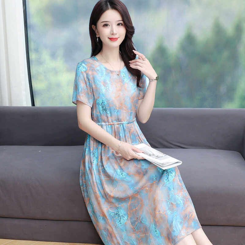 新款夏季高端棉绸连衣裙女中长款时尚洋气外穿人造棉碎花绵绸裙子