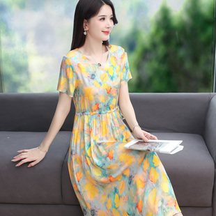 2026新款夏季高端棉绸连衣裙女中长款时尚外穿人造棉碎花绵绸裙子