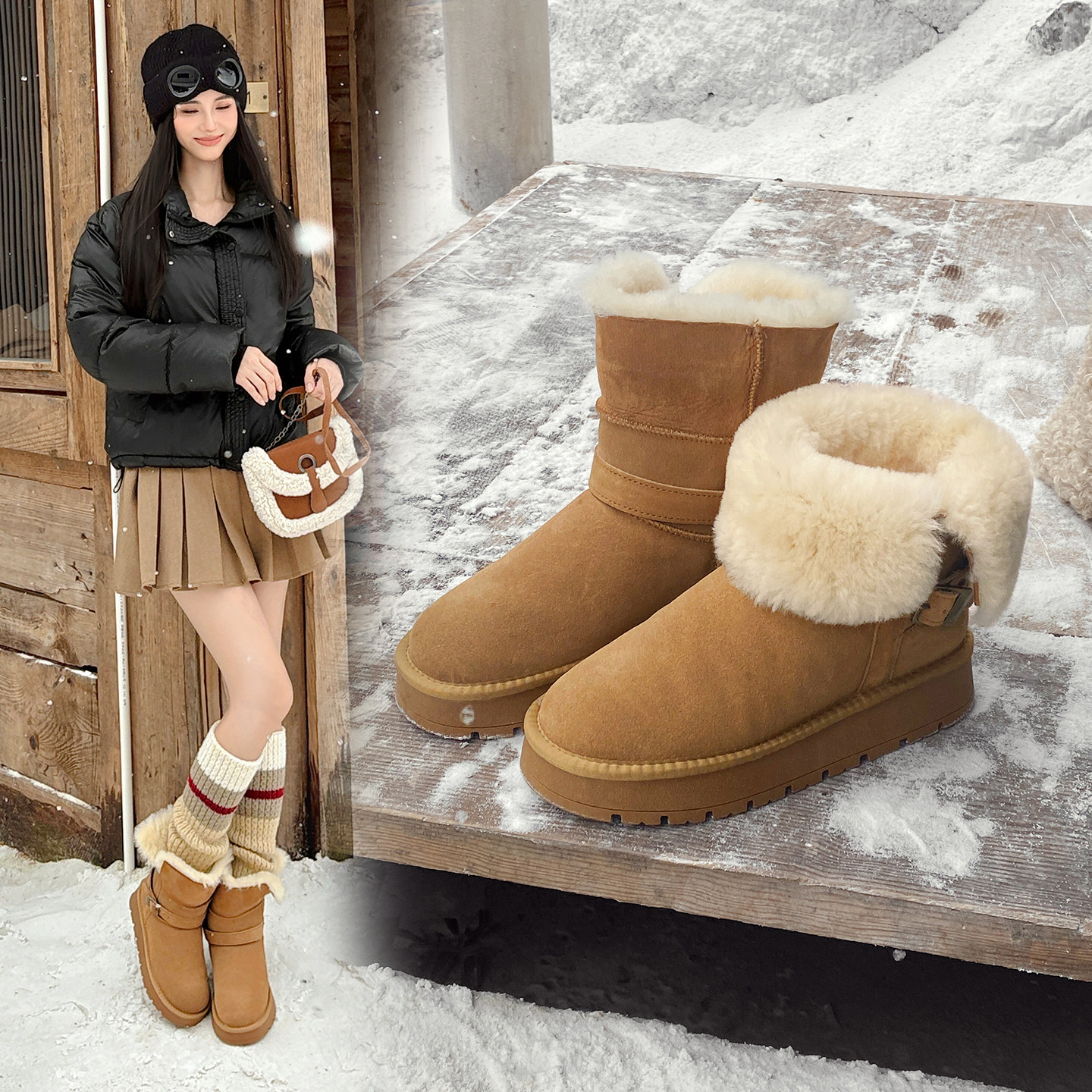 羊毛厚底雪地靴女皮毛一体中筒加绒加厚棉鞋2025新款冬骑士真皮靴,女鞋,时尚雪地靴,淘宝优惠券,粉丝福利购,淘宝优惠卷